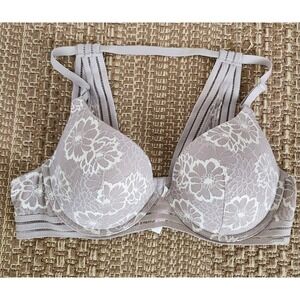 Victoria's Secret Bra Womens 36C Taupe Floral Lace Lightly Lined T Strap Padded